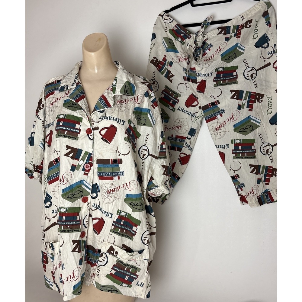 Frankie & Johnny Womens 3XL Pajama Set button up top & capri bottoms Book reader